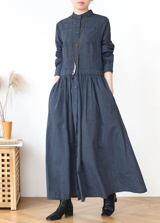 Casual Grey Stand Collar Striped Cotton Shirts Dress Spring