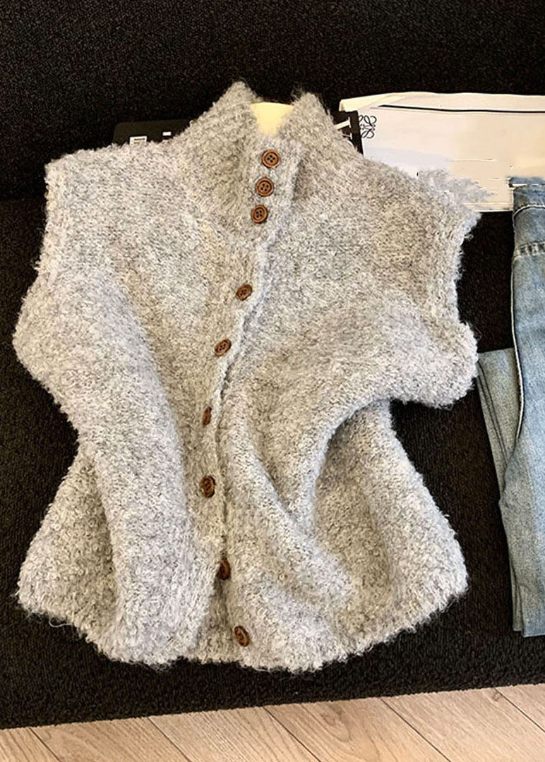 Casual Grey Stand Collar Warm Cotton Knit Waistcoat Sleeveless