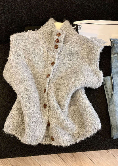 Casual Grey Stand Collar Warm Cotton Knit Waistcoat Sleeveless