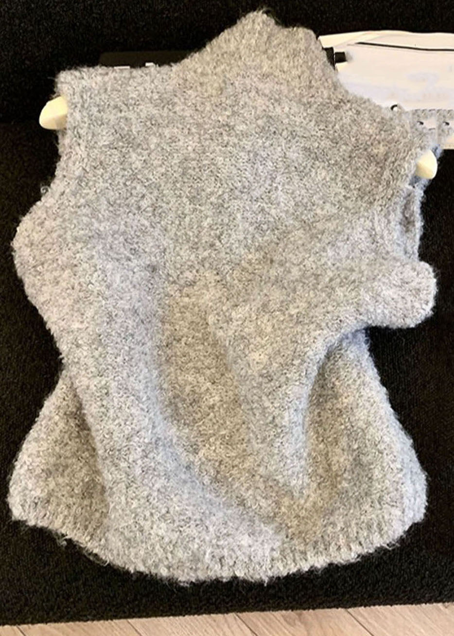 Casual Grey Stand Collar Warm Cotton Knit Waistcoat Sleeveless