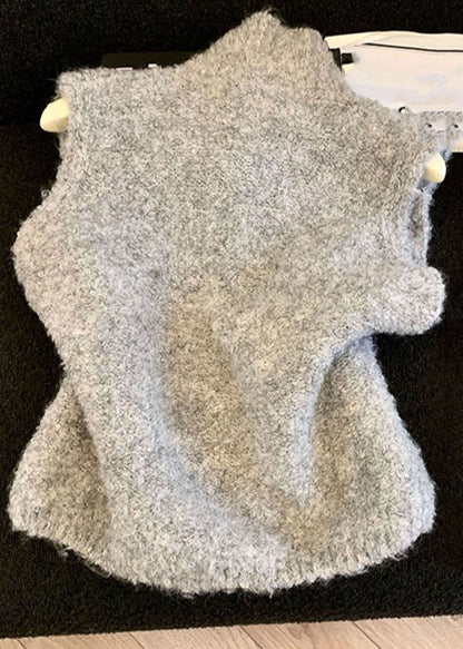 Casual Grey Stand Collar Warm Cotton Knit Waistcoat Sleeveless