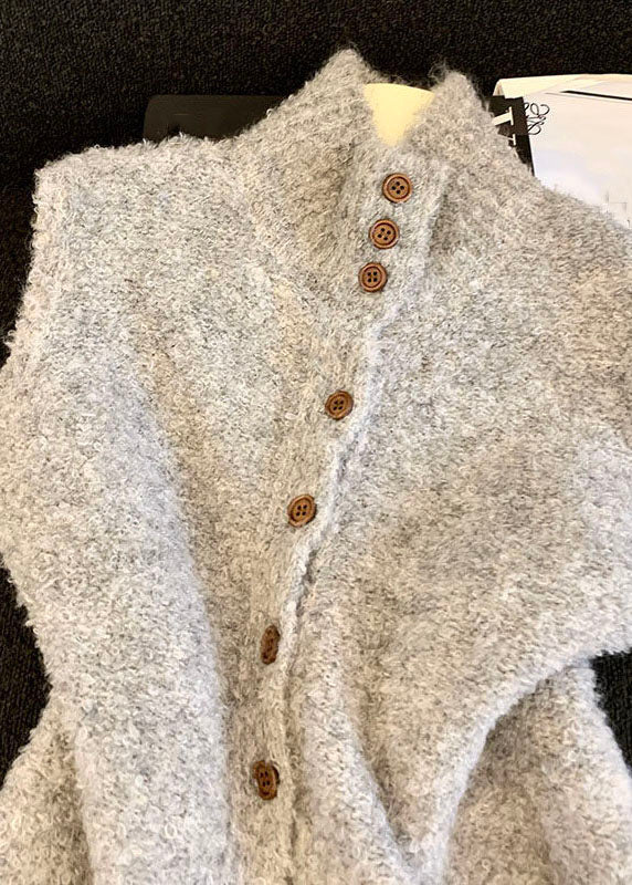 Casual Grey Stand Collar Warm Cotton Knit Waistcoat Sleeveless