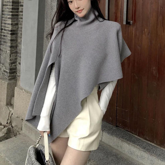 Sweater tops Casual Grey Turtleneck asymmetrical design Cloak Sleeves Knit Top - SooLinen