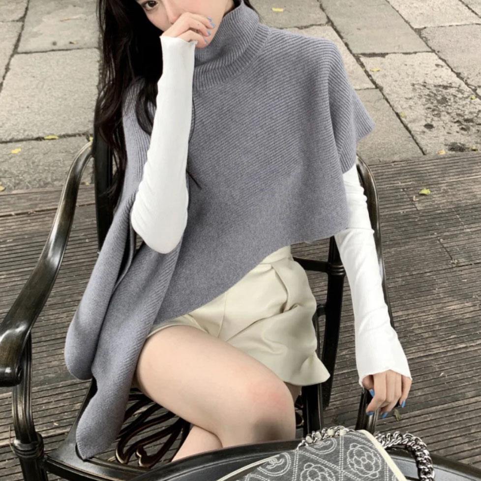 Sweater tops Casual Grey Turtleneck asymmetrical design Cloak Sleeves Knit Top - SooLinen