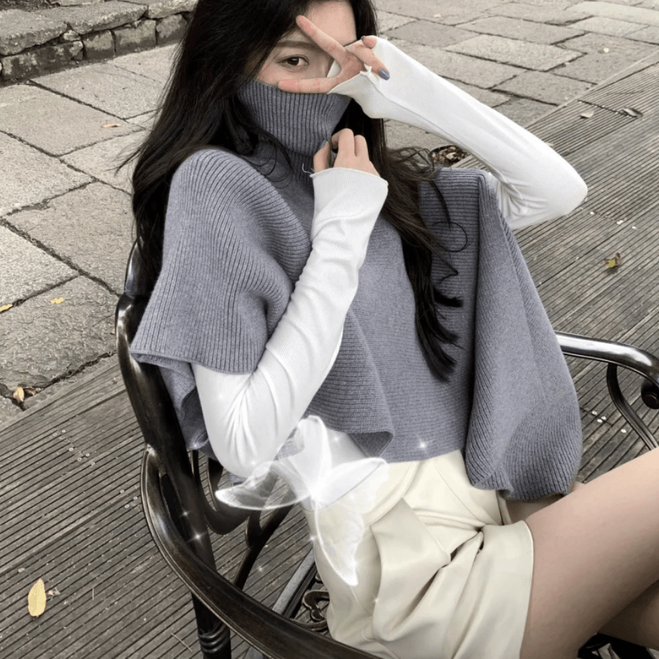 Sweater tops Casual Grey Turtleneck asymmetrical design Cloak Sleeves Knit Top - SooLinen