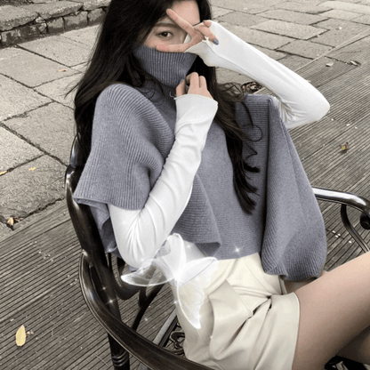 Sweater tops Casual Grey Turtleneck asymmetrical design Cloak Sleeves Knit Top - SooLinen