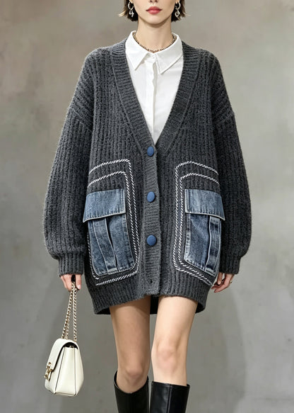 Casual Grey V Neck Button Patchwork Knit Cardigans Fall