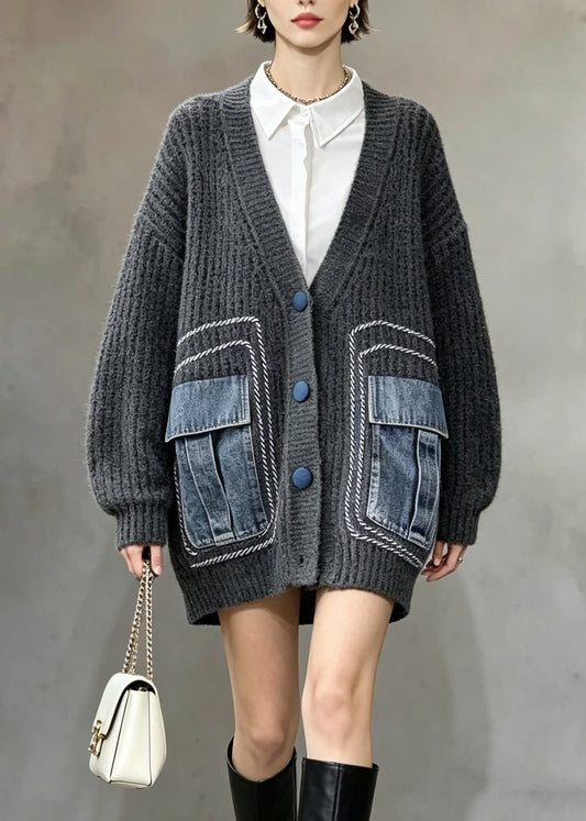Casual Grey V Neck Button Patchwork Knit Cardigans Fall