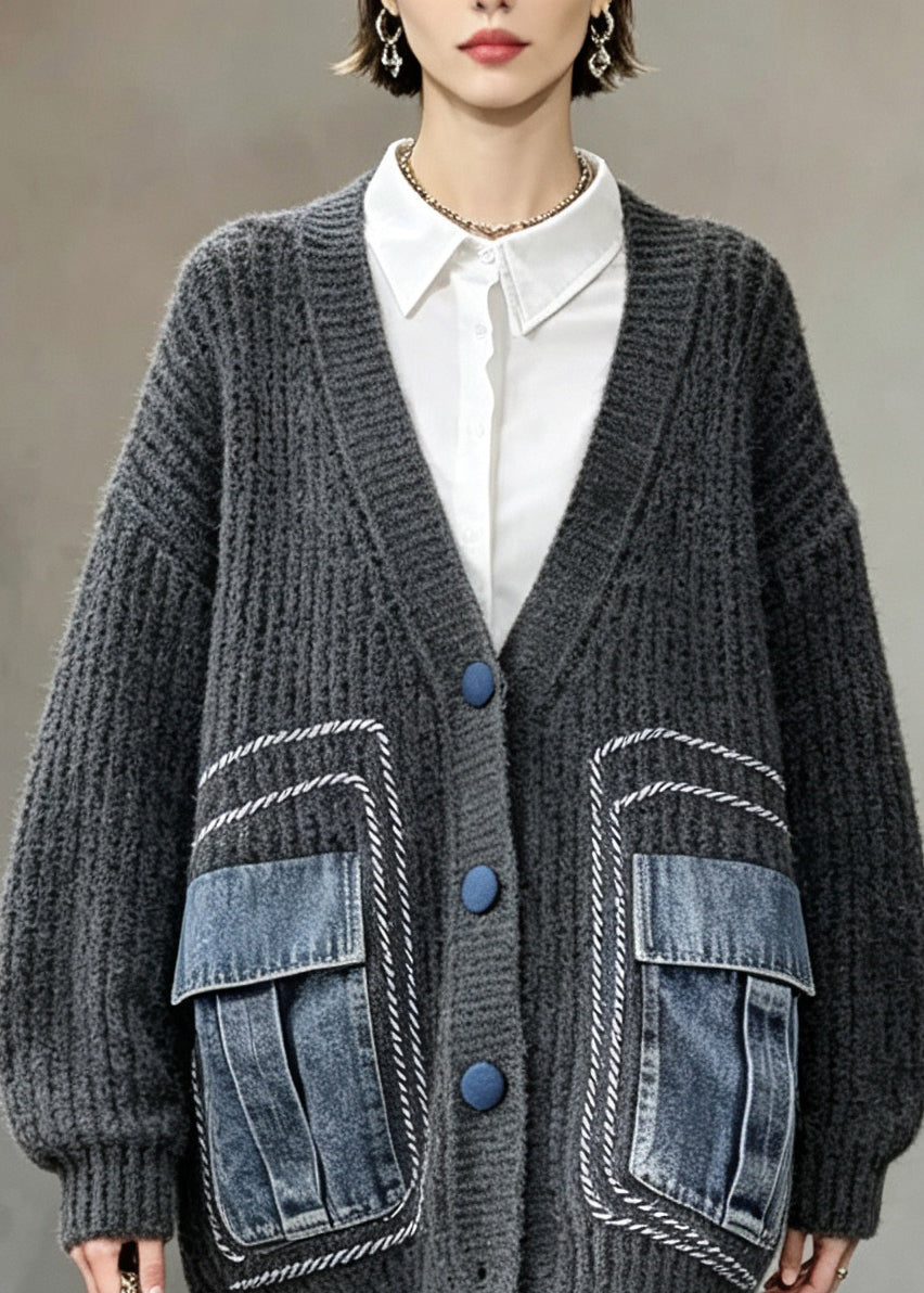 Casual Grey V Neck Button Patchwork Knit Cardigans Fall