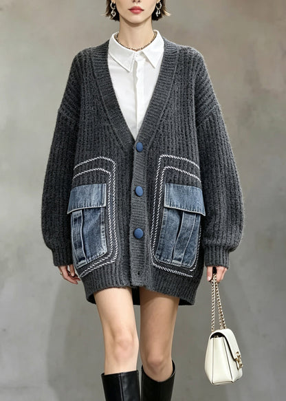 Casual Grey V Neck Button Patchwork Knit Cardigans Fall