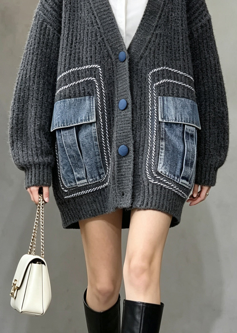Casual Grey V Neck Button Patchwork Knit Cardigans Fall