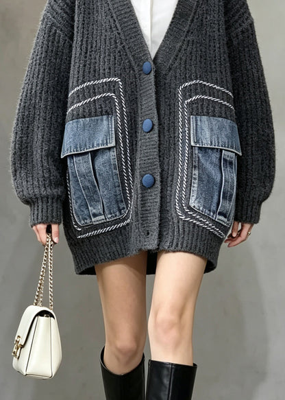 Casual Grey V Neck Button Patchwork Knit Cardigans Fall