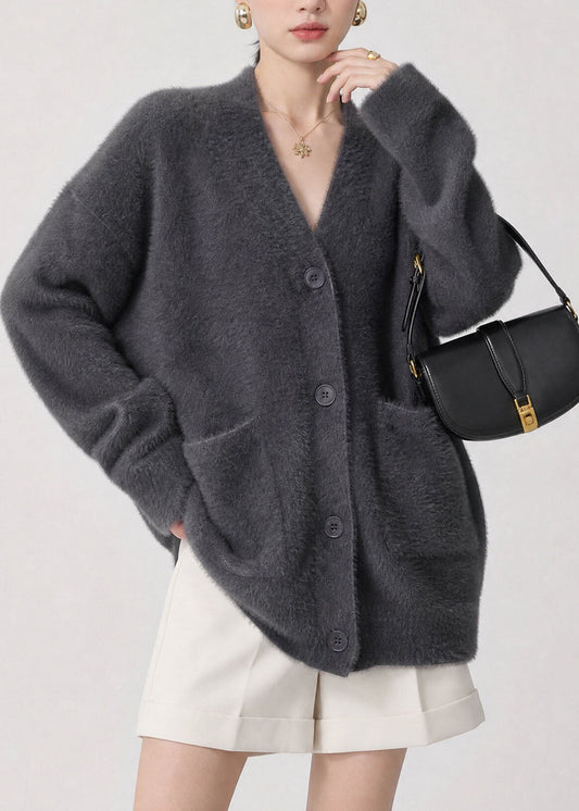 Casual Grey V Neck Button Pockets Knit Cardigan Fall