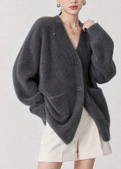 Casual Grey V Neck Button Pockets Knit Cardigan Fall