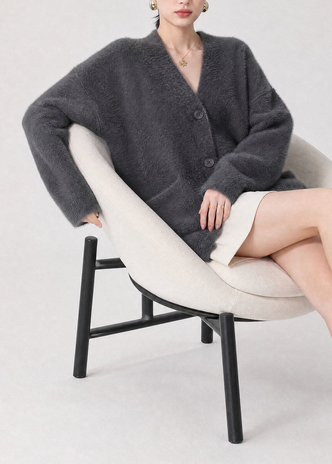 Casual Grey V Neck Button Pockets Knit Cardigan Fall