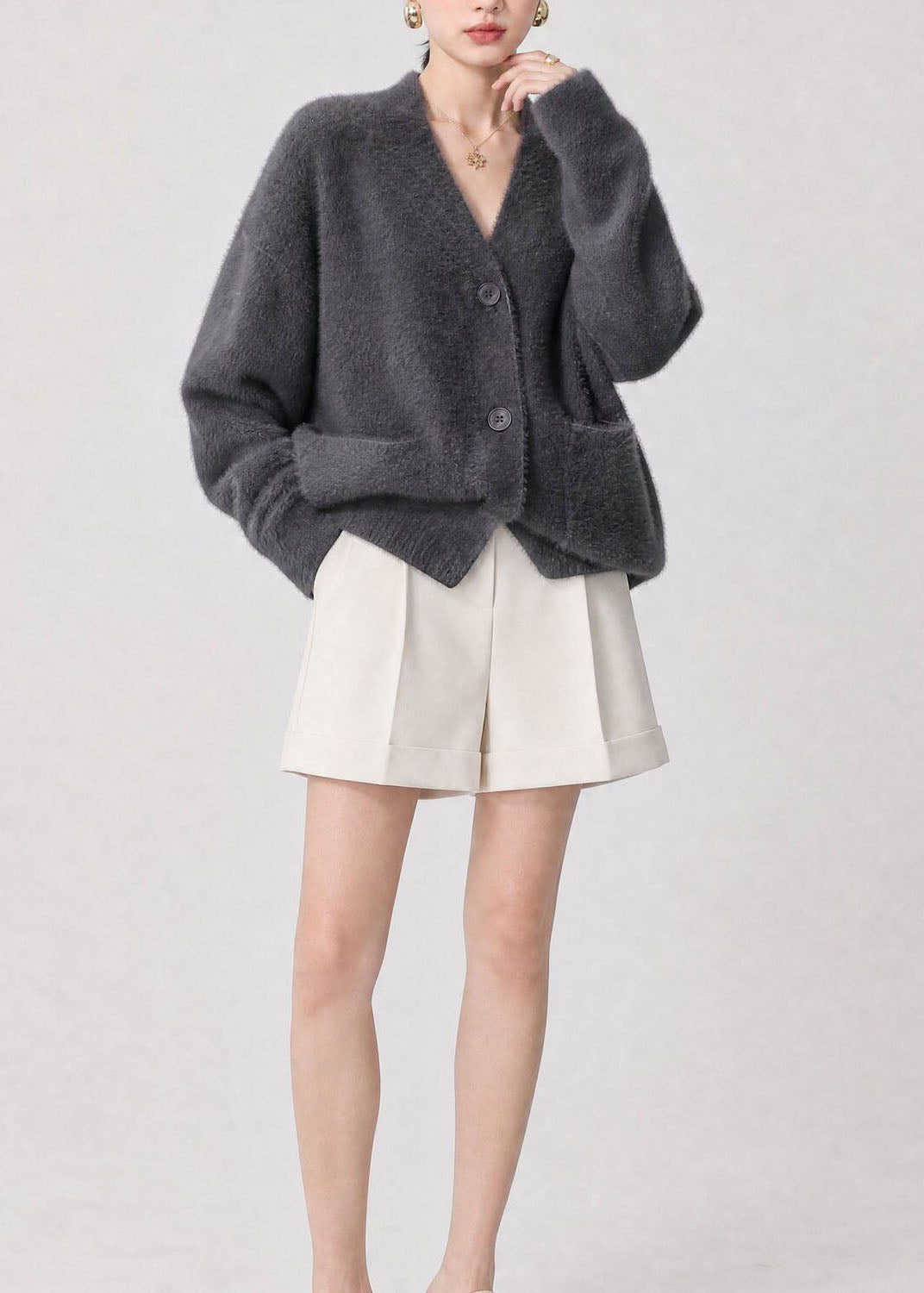 Casual Grey V Neck Button Pockets Knit Cardigan Fall