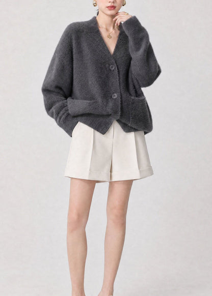 Casual Grey V Neck Button Pockets Knit Cardigan Fall
