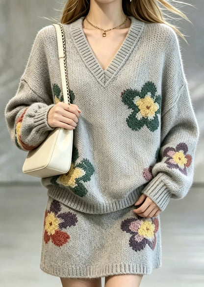 Casual Grey V Neck Floral Knit Sweater Two Pieces Set Fall