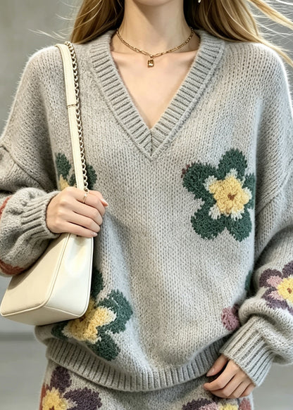 Casual Grey V Neck Floral Knit Sweater Two Pieces Set Fall