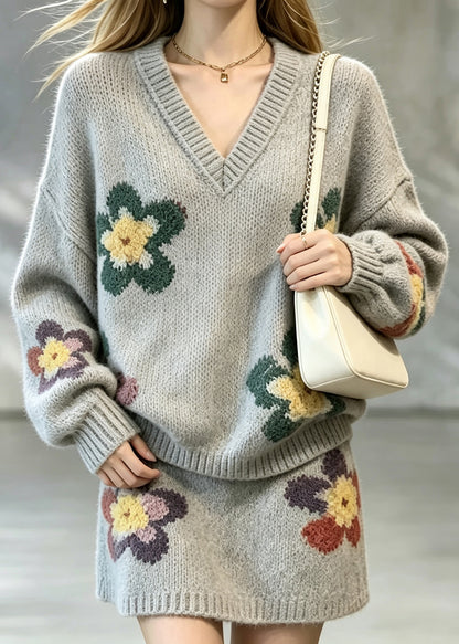Casual Grey V Neck Floral Knit Sweater Two Pieces Set Fall