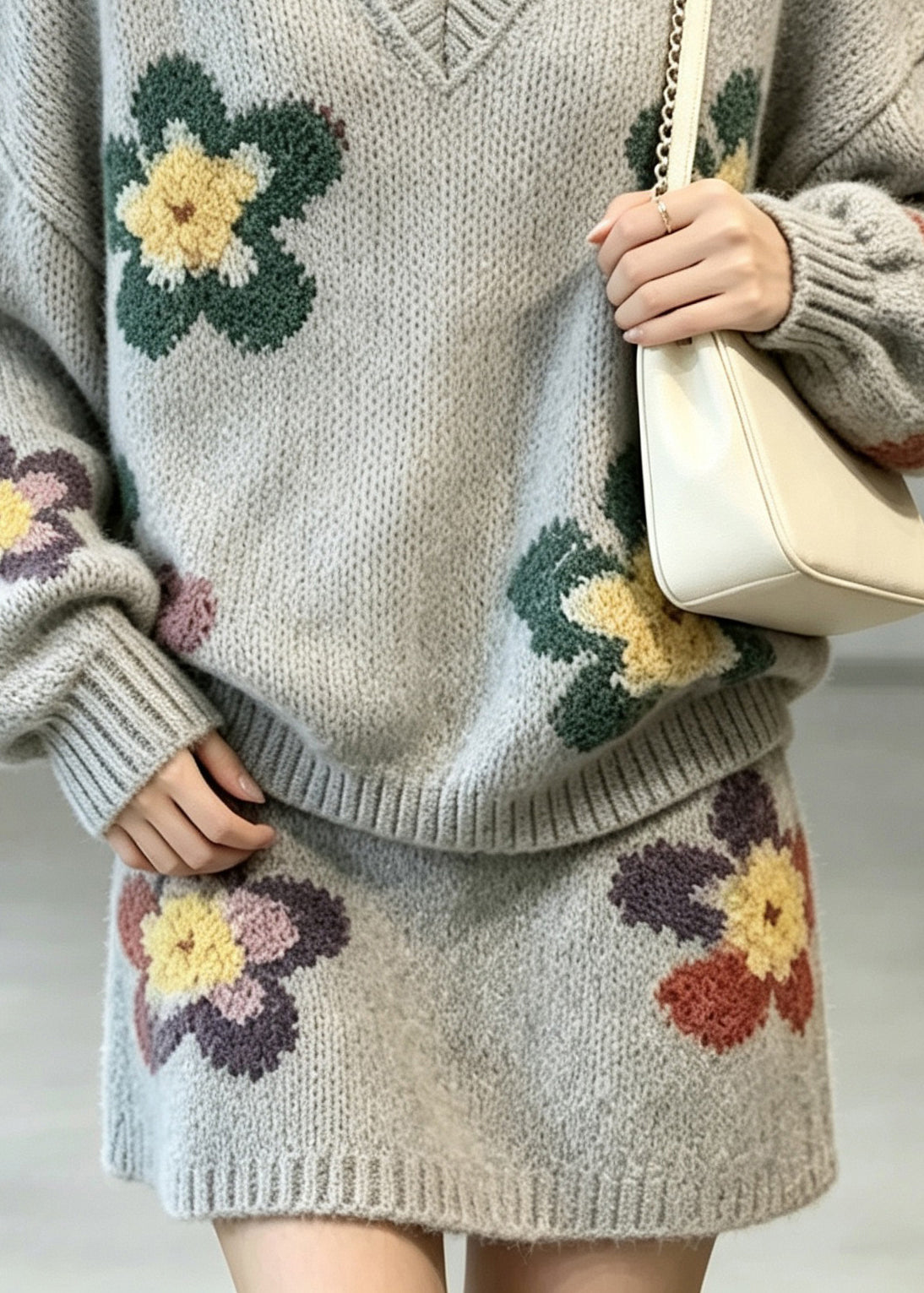 Casual Grey V Neck Floral Knit Sweater Two Pieces Set Fall