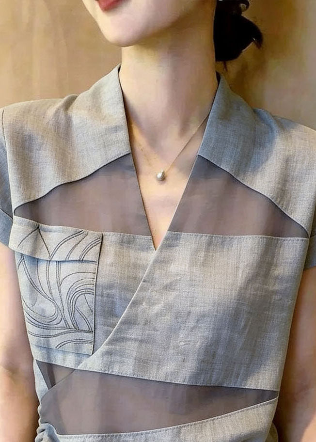 Casual Grey V Neck Patchwork Tulle Shirt Tops Summer