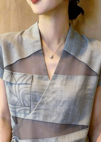 Casual Grey V Neck Patchwork Tulle Shirt Tops Summer