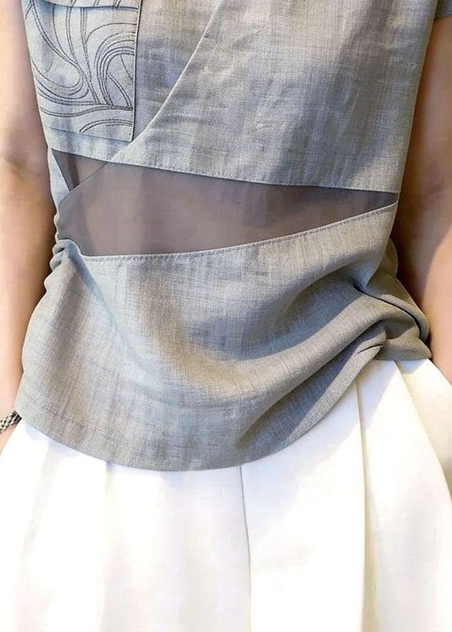 Casual Grey V Neck Patchwork Tulle Shirt Tops Summer