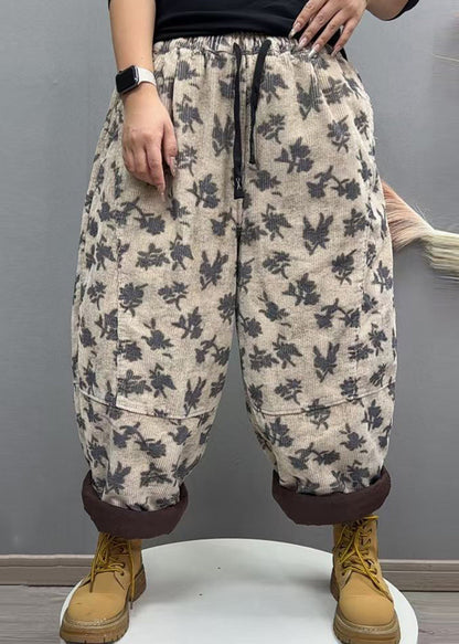 Casual Grey White Print Patchwork Corduroy Fine Cotton Filled Pants Winter