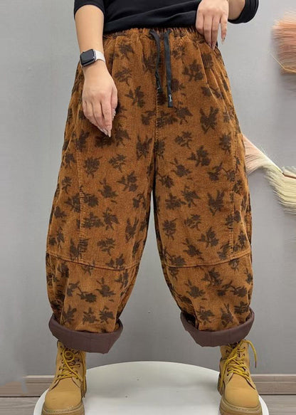 Casual Grey White Print Patchwork Corduroy Fine Cotton Filled Pants Winter