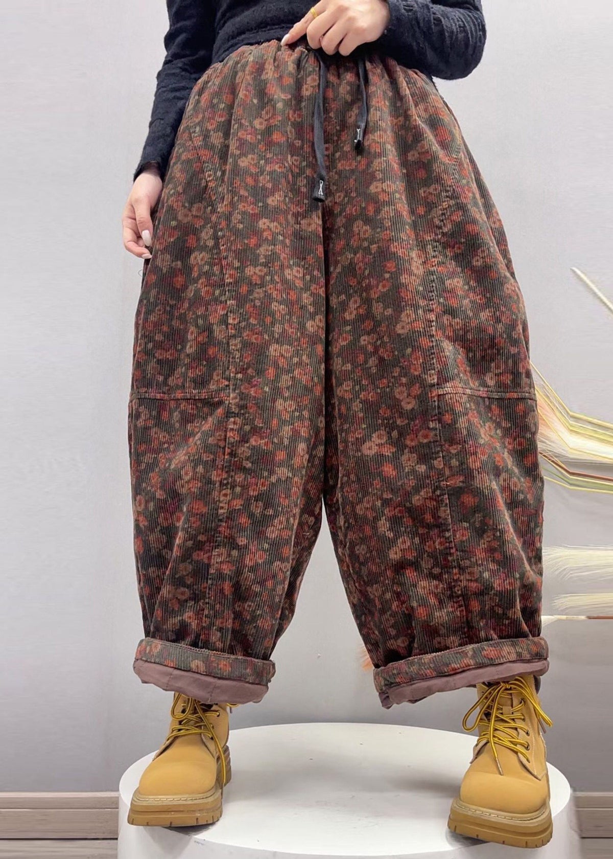 Casual Grey White Print Patchwork Corduroy Fine Cotton Filled Pants Winter
