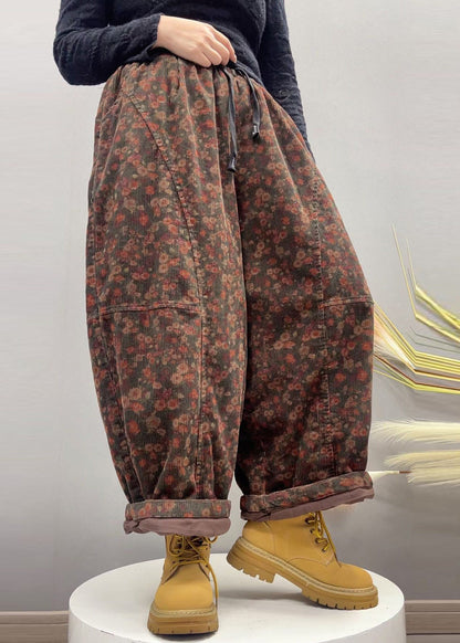 Casual Grey White Print Patchwork Corduroy Fine Cotton Filled Pants Winter