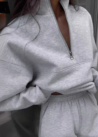 Casual Grey Zip Up Cotton Women Sets 2 Pieces Spring