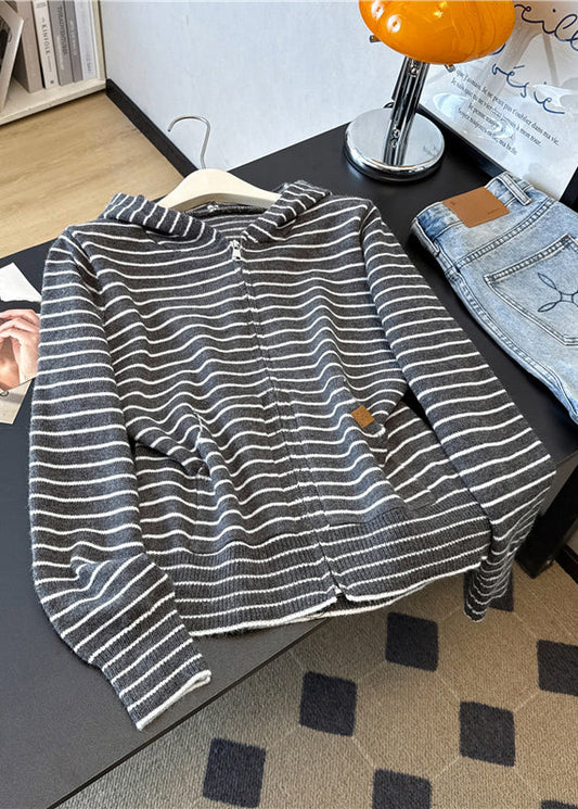 Casual Grey Zip Up Striped Hooded Knit Coats Spring
