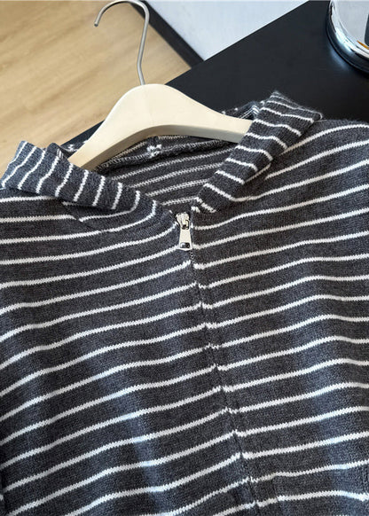 Casual Grey Zip Up Striped Hooded Knit Coats Spring