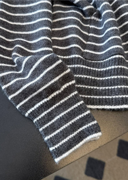 Casual Grey Zip Up Striped Hooded Knit Coats Spring