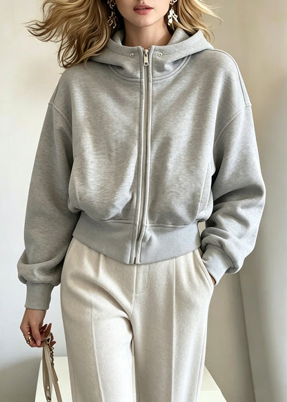 Casual Grey Zippered Patchwork Solid Hooded Coats Fall
