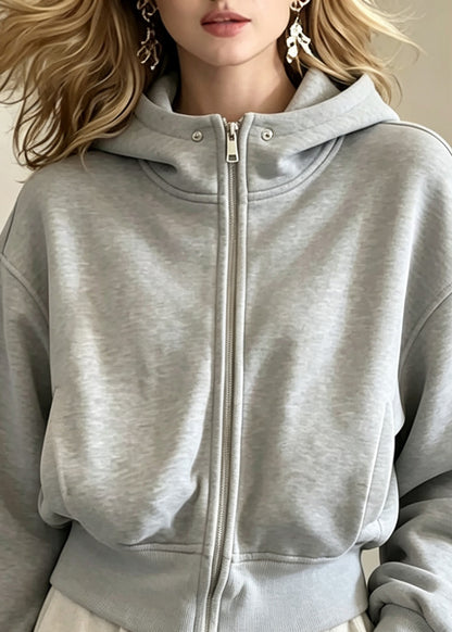 Casual Grey Zippered Patchwork Solid Hooded Coats Fall