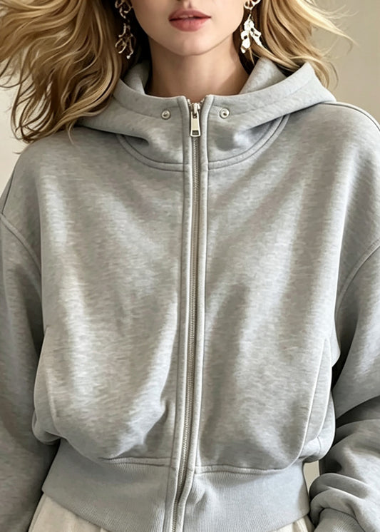 Casual Grey Zippered Patchwork Solid Hooded Coats Fall