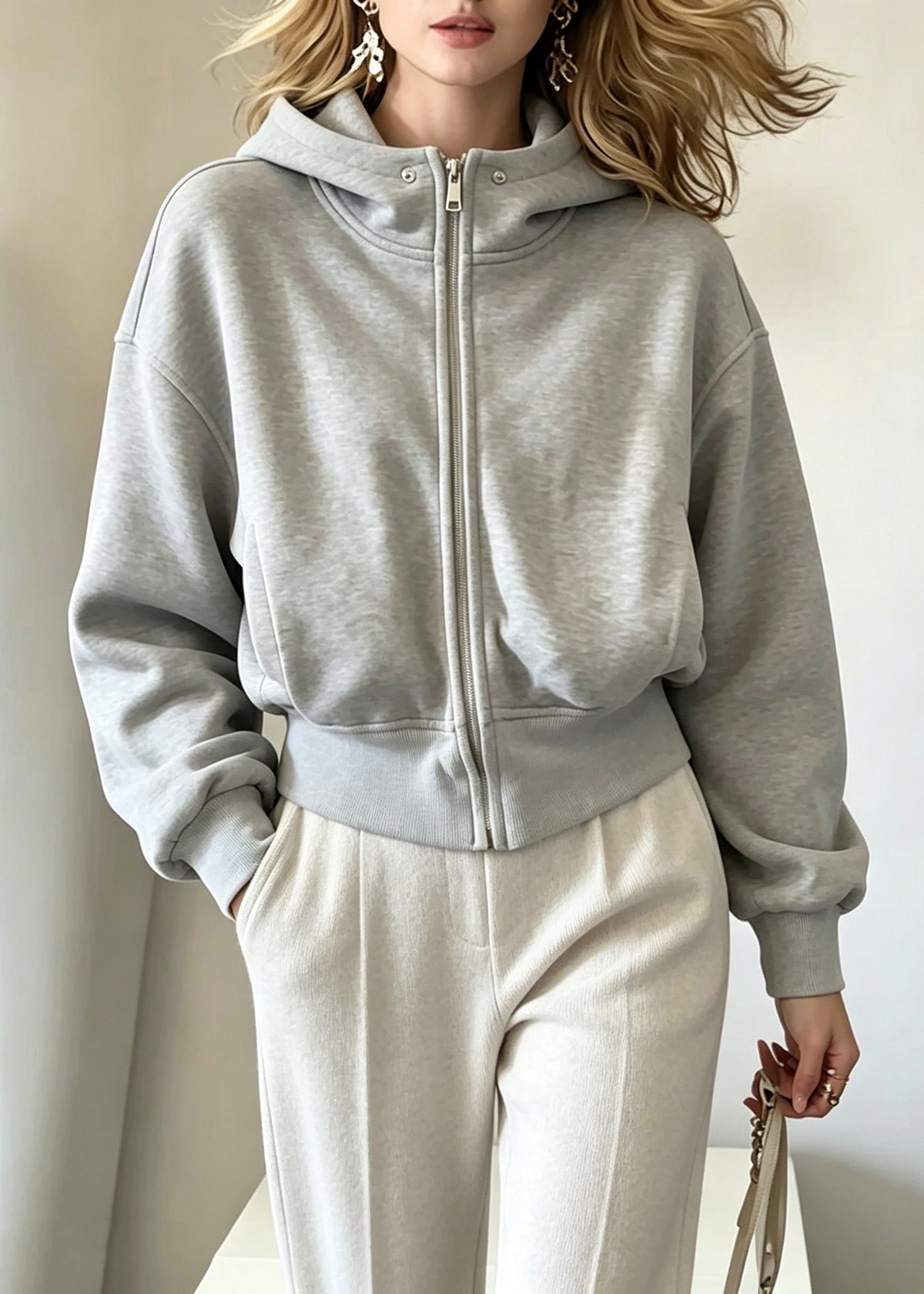Casual Grey Zippered Patchwork Solid Hooded Coats Fall