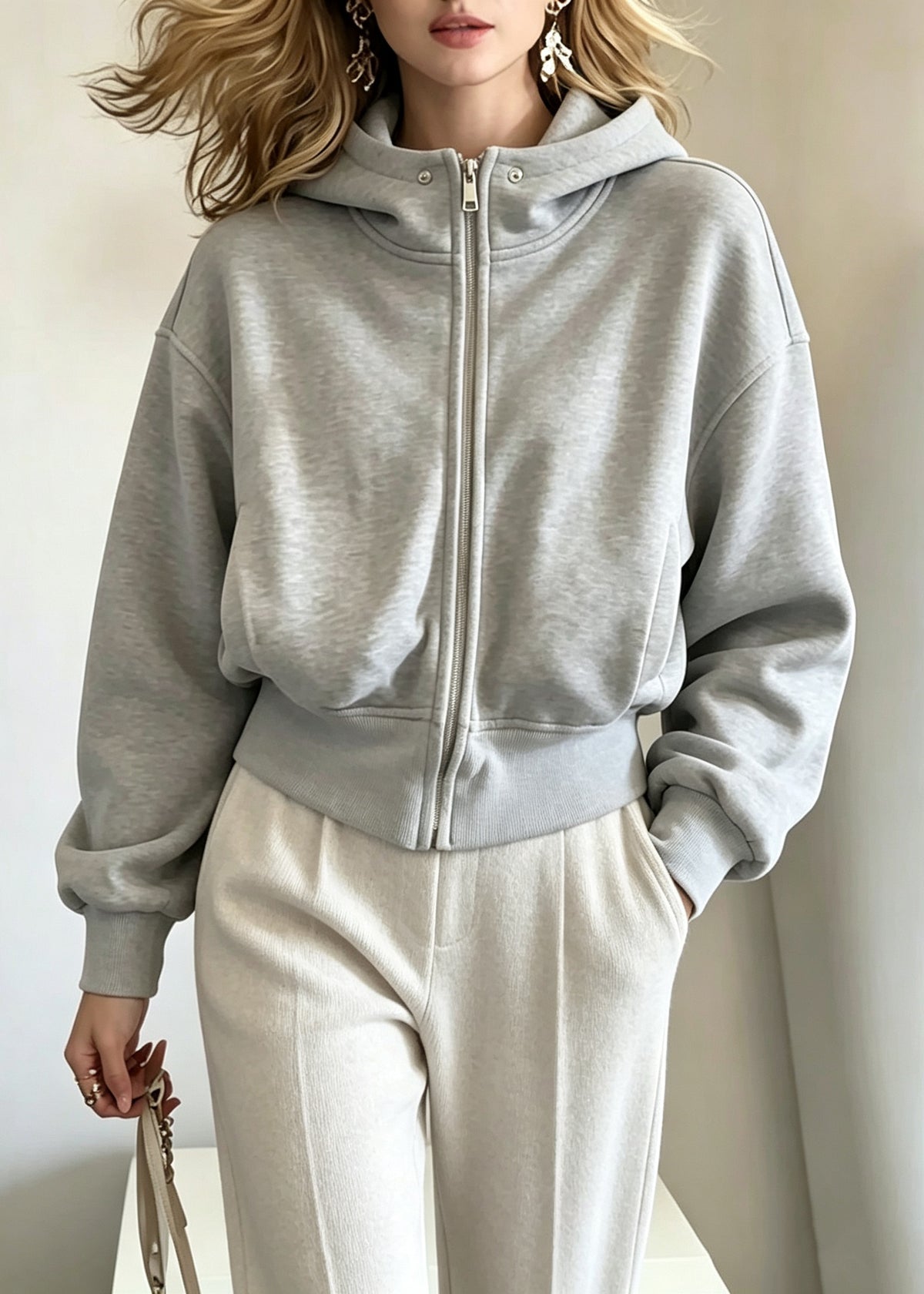 Casual Grey Zippered Patchwork Solid Hooded Coats Fall