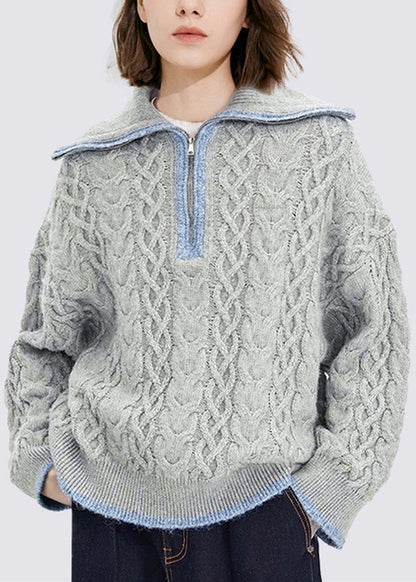 Casual Grey Zippered Patchwork Thick Cotton Knit Sweaters Tops Fall