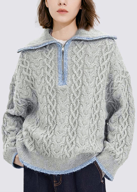 Casual Grey Zippered Patchwork Thick Cotton Knit Sweaters Tops Fall