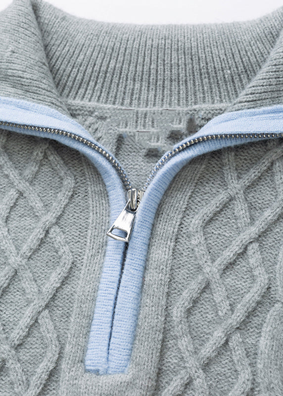 Casual Grey Zippered Patchwork Thick Cotton Knit Sweaters Tops Fall