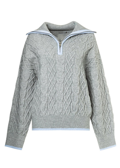 Casual Grey Zippered Patchwork Thick Cotton Knit Sweaters Tops Fall