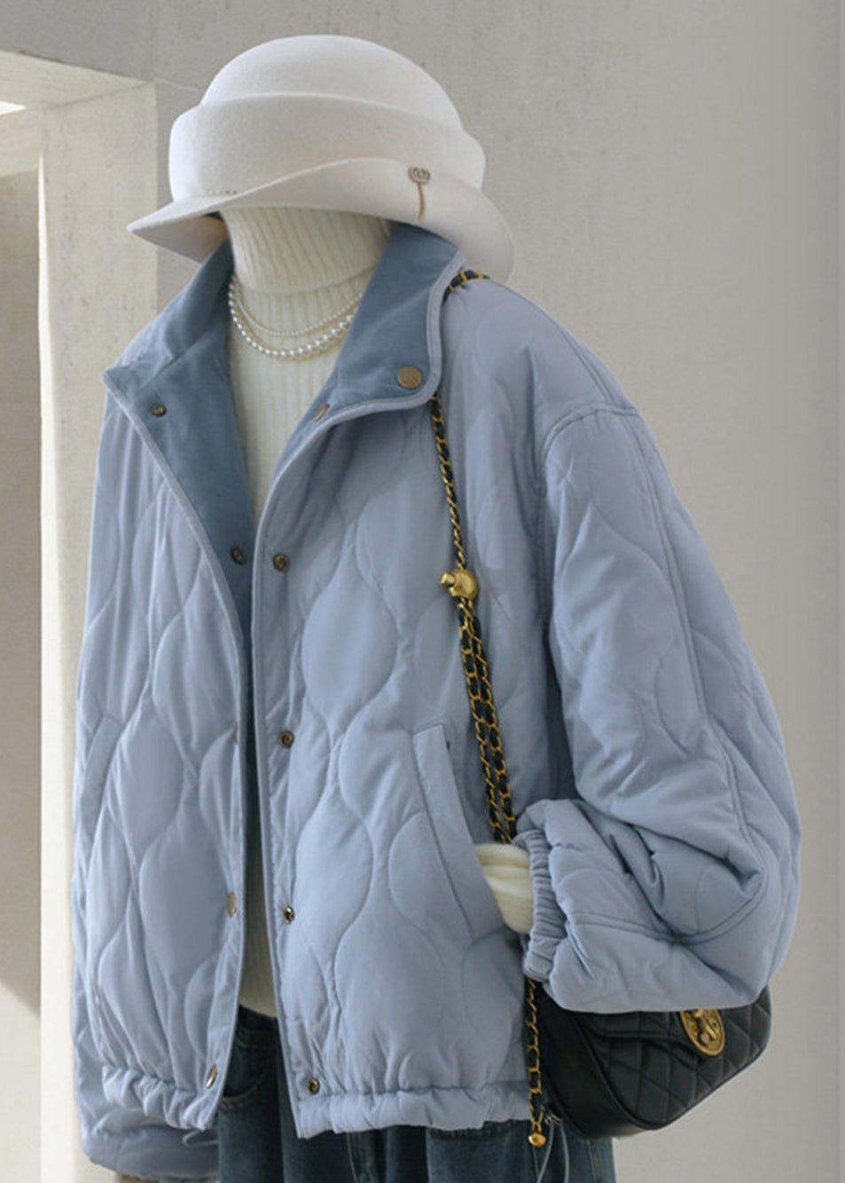 Casual Haze Blue Stand Collar Reversible Quilted Corduroy Cotton Filled Coats Winter