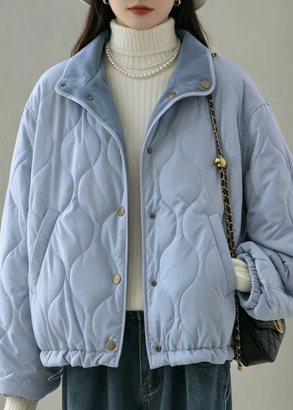 Casual Haze Blue Stand Collar Reversible Quilted Corduroy Cotton Filled Coats Winter