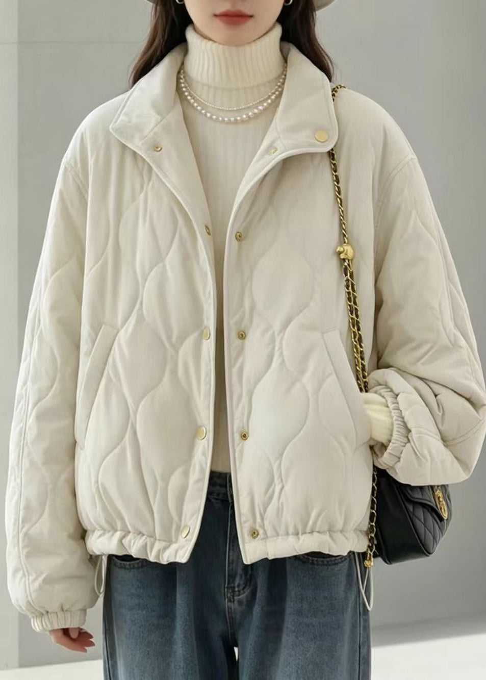 Casual Haze Blue Stand Collar Reversible Quilted Corduroy Cotton Filled Coats Winter