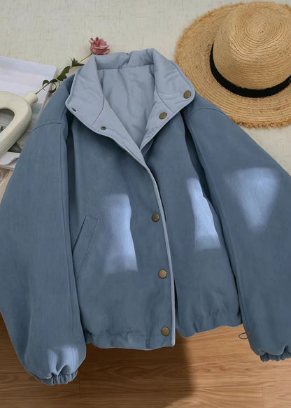 Casual Haze Blue Stand Collar Reversible Quilted Corduroy Cotton Filled Coats Winter