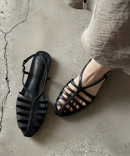 Casual Hollow Out Flat Sandals Black Cowhide Leather